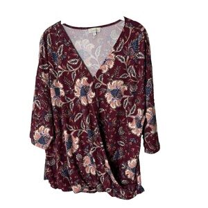 Chenault Blouse Plus Size 1X Top 3/4 Sleeves Faux Wrap Floral Maroon Red Blue